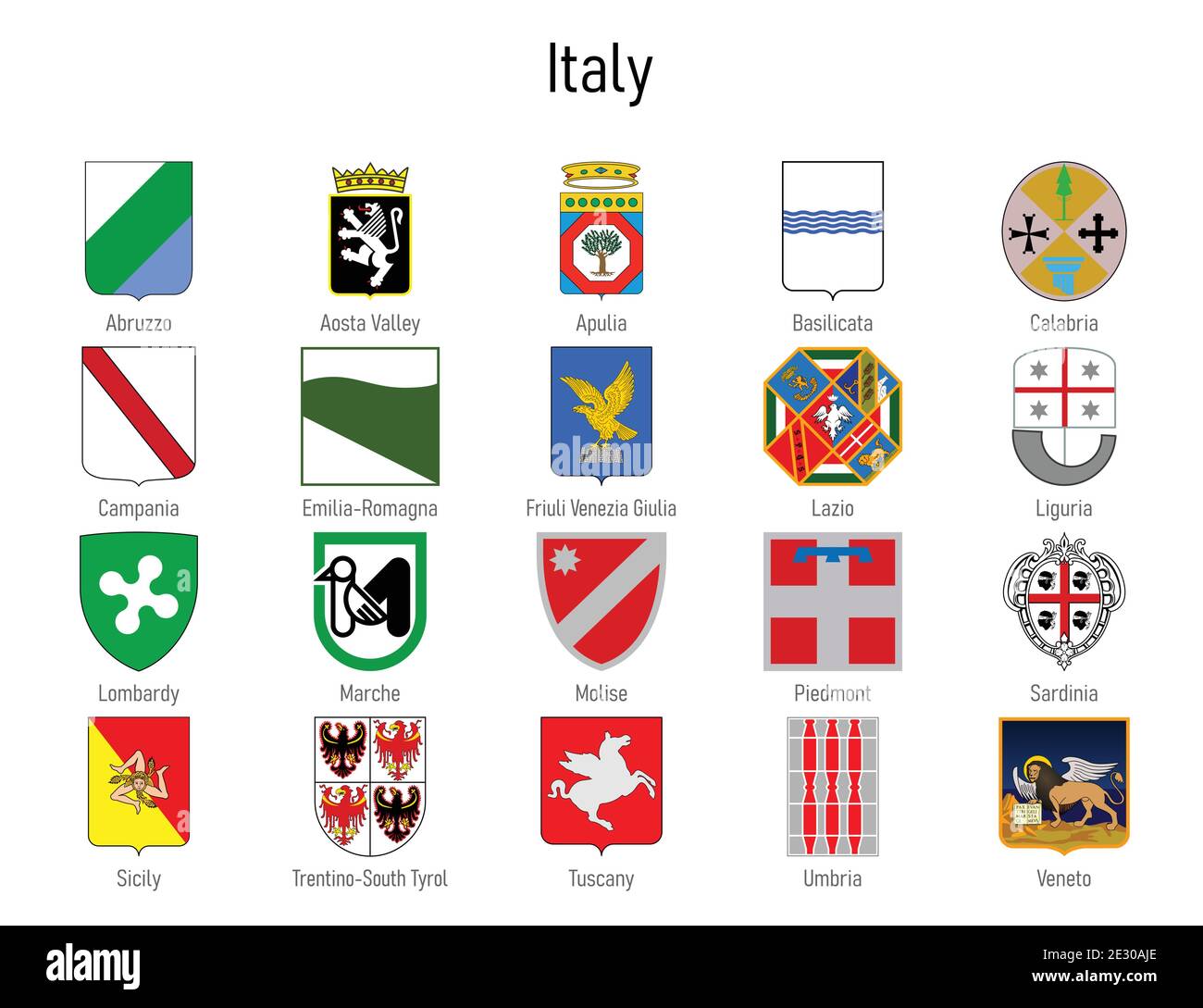 Coat of arms of the state of Italy, All Italian regions emblem collection Stock Vector