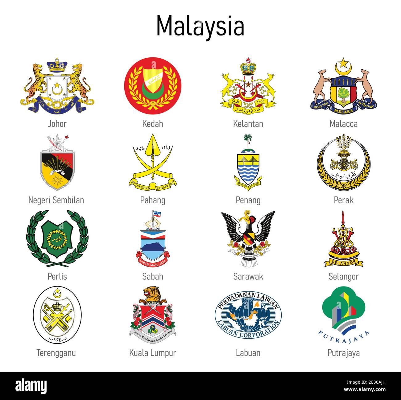 Coat of arms of the state of Malaysia, All Malaysian regions emblem collection Stock Vector