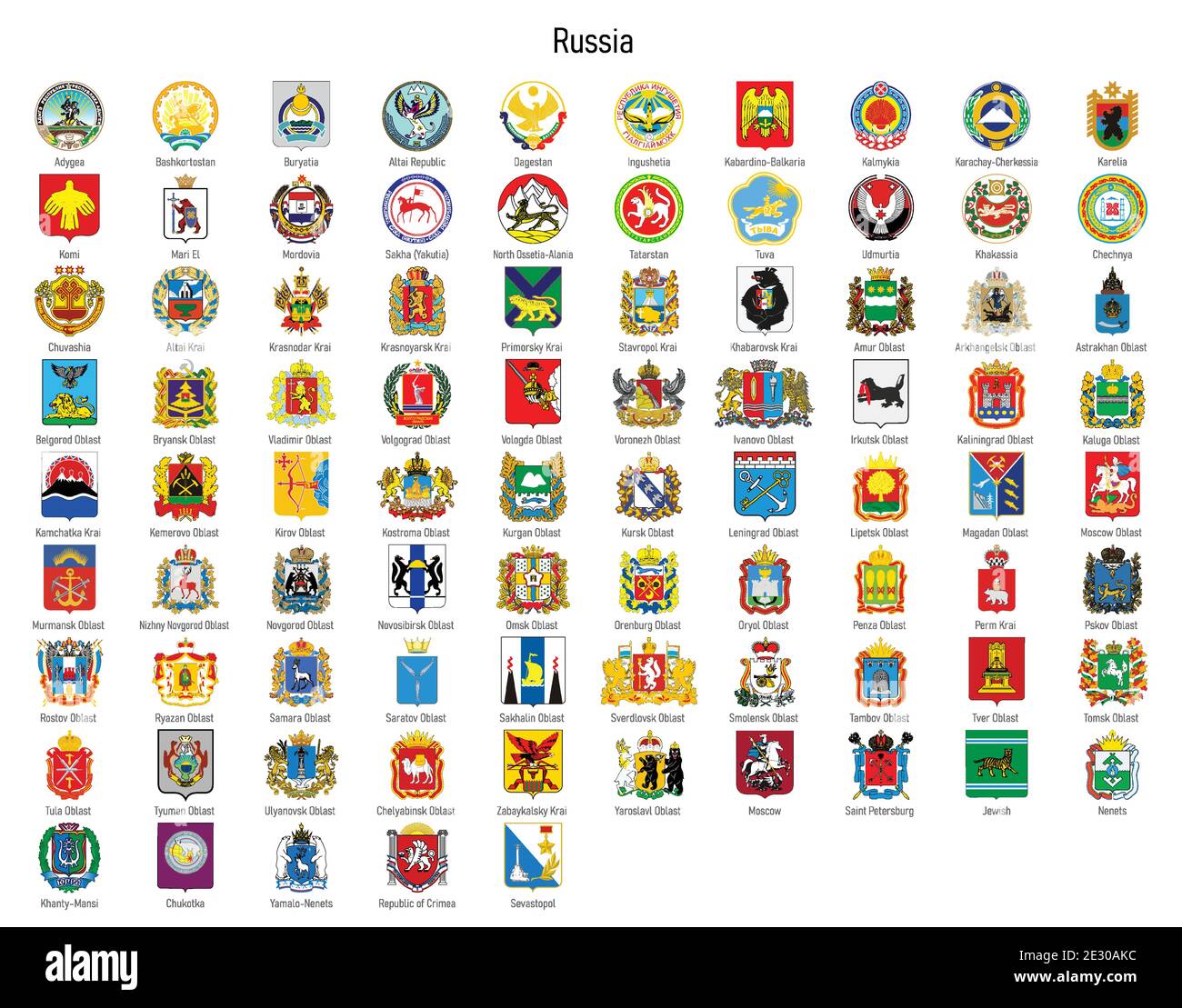 Coat of arms of the oblast of Russia, All Russian regions emblem collection Stock Vector