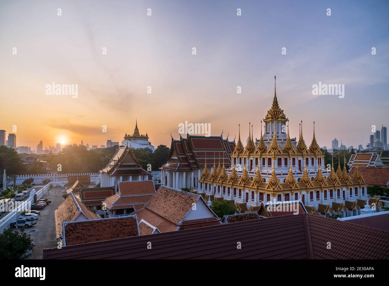 Loha Prasat or Iron Castle Monastery at Wat Ratchanatdaram temple, on Ratchadamnoen Avenue during morning, Bangkok, Thailand Stock Photo