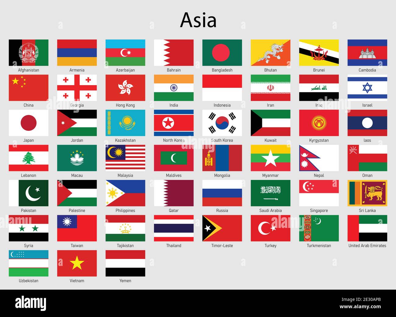 Set of flags asian countries, All Asia flag collection Stock Vector