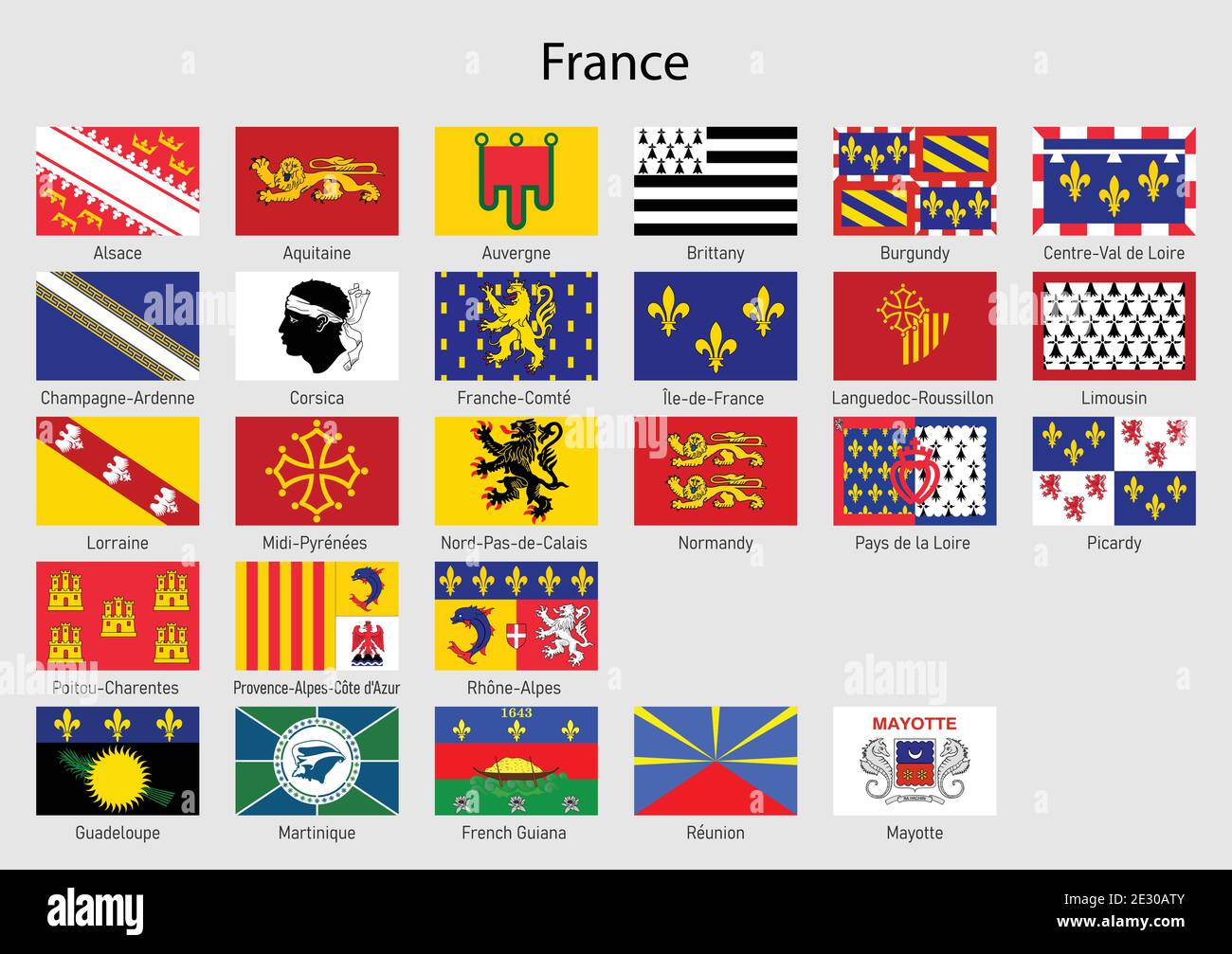 Set Flags of the province of France, All French regions flag collection Stock Vector
