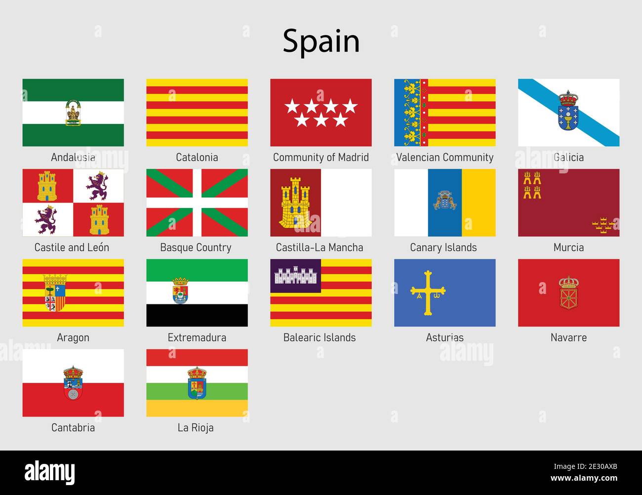 Set Flags of the communities of Spain, All Spanish regions flag collection Stock Vector