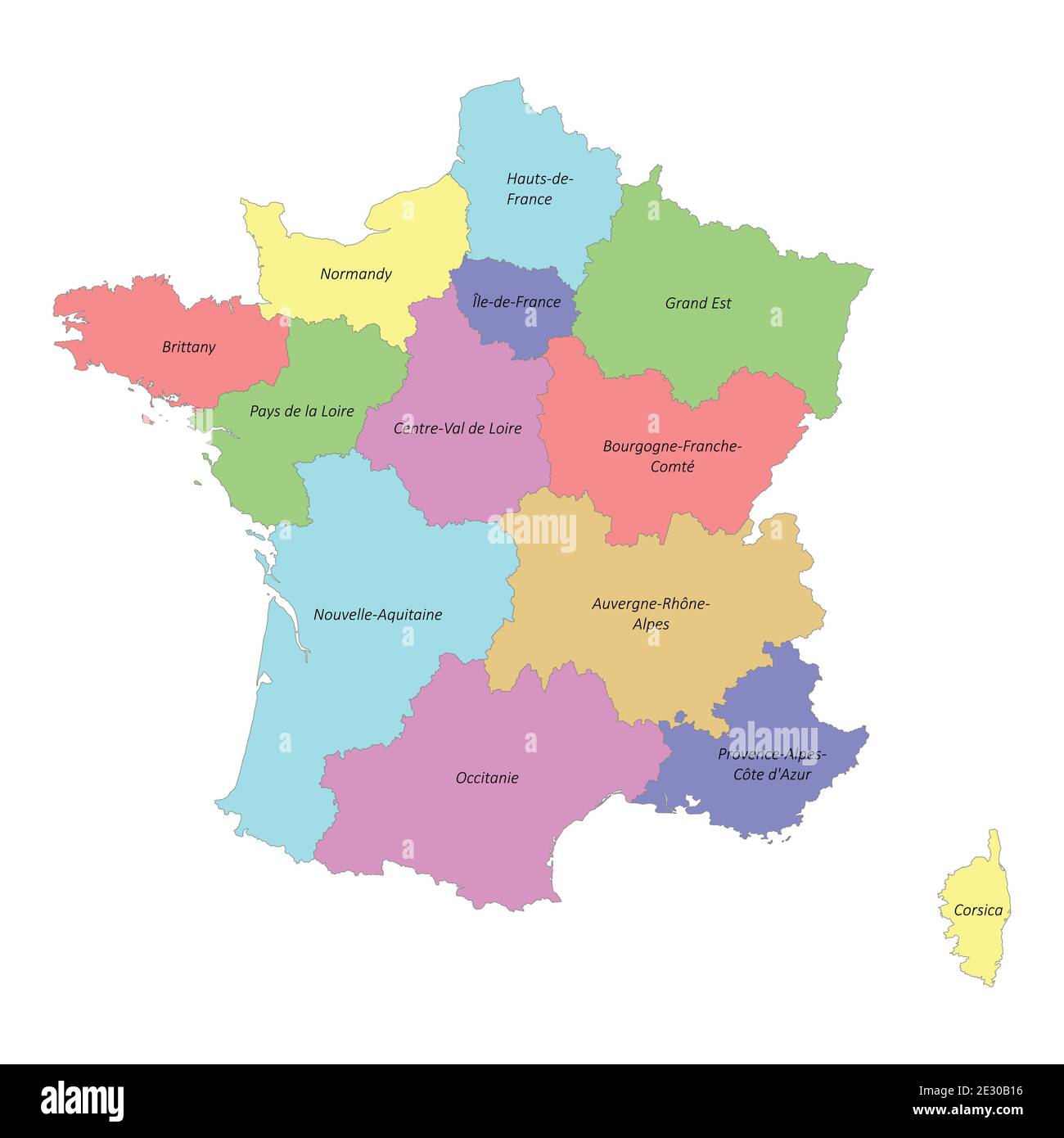 High quality colorful labeled map of France with borders of the regions Stock Vector