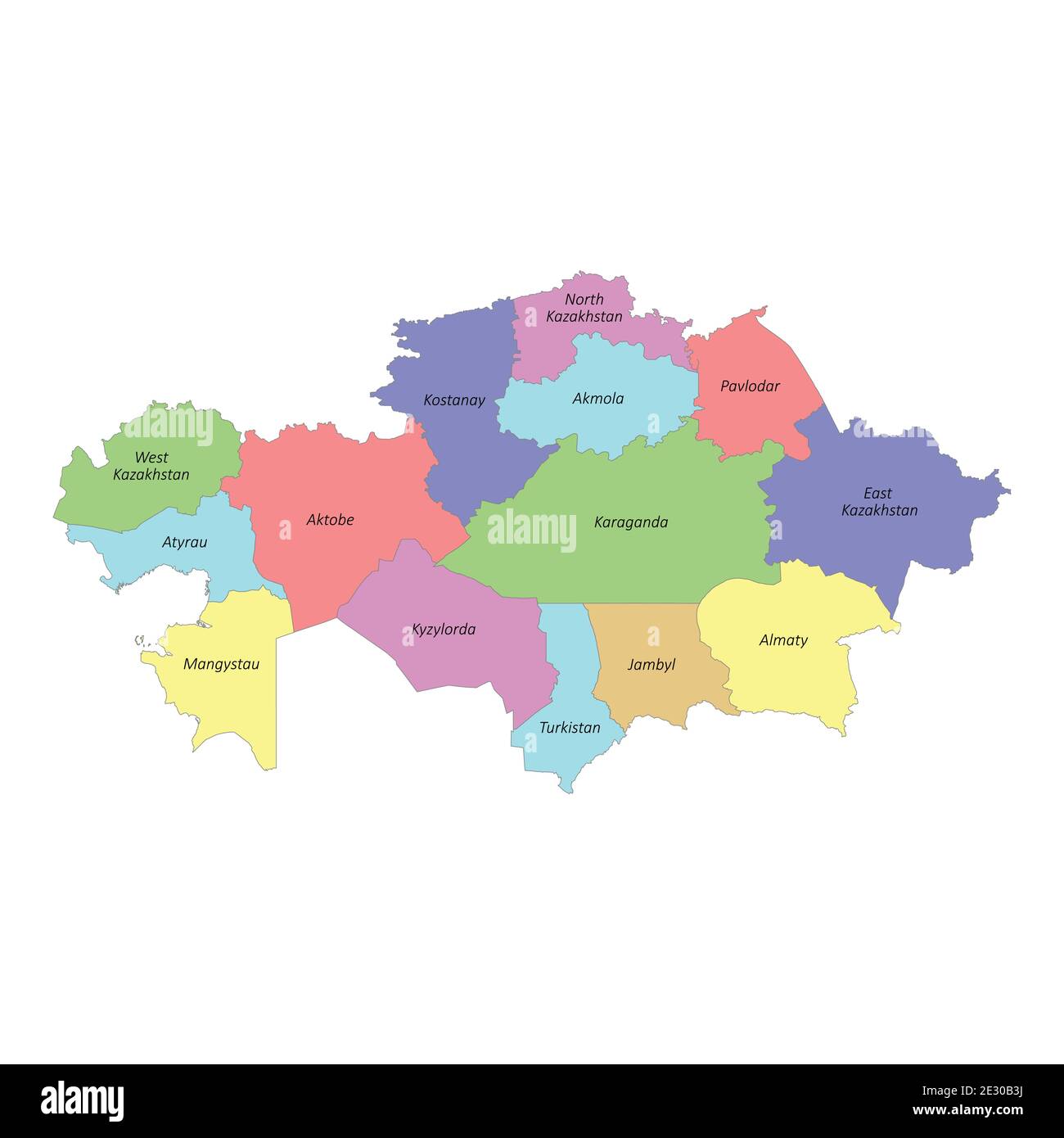 High quality colorful labeled map of Kazakhstan with borders of the regions Stock Vector Image 