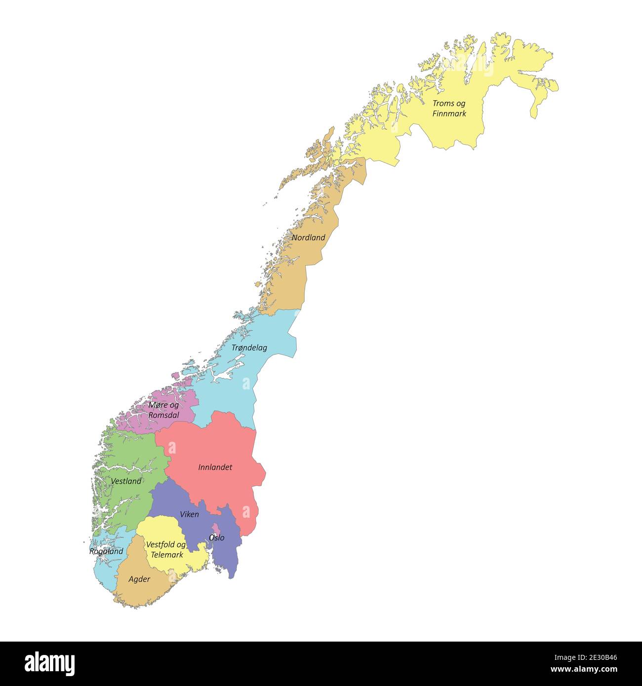 High Quality Colorful Labeled Map Of Norway With Borders Of The Regions Stock Vector Image And Art 0797