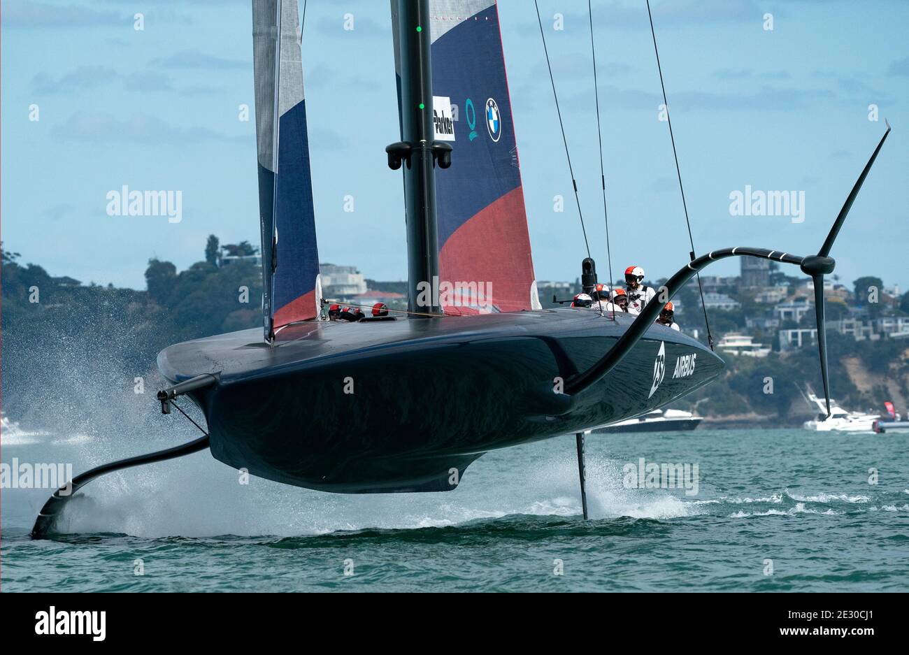 Auckland, New Zealand, 16 January, 2021 -  INEOS Team UK's Britannia, skippered by Sir Ben Ainslie, and NYYC's American Magic, skippered by Terry Hutchinson, and helmed by Dean Barker, in action during the 2nd day of racing in the Prada Cup on the Waitemata Harbour of Auckland. INEOS took their third win. Credit: Rob Taggart/Alamy Live News Stock Photo