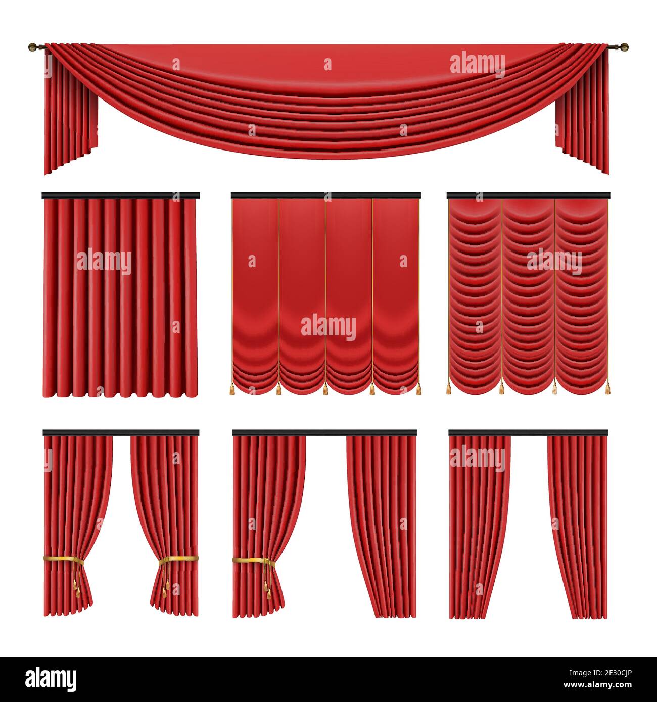 Red curtains set in classic style isolated on white background. Realistic 3d Luxury vector