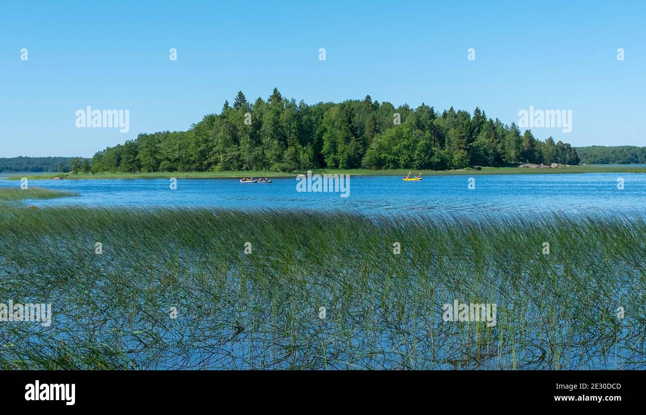 A wooded island in the middle of a small bay in the Gulf of Finland on the Baltic Sea Stock Photo
