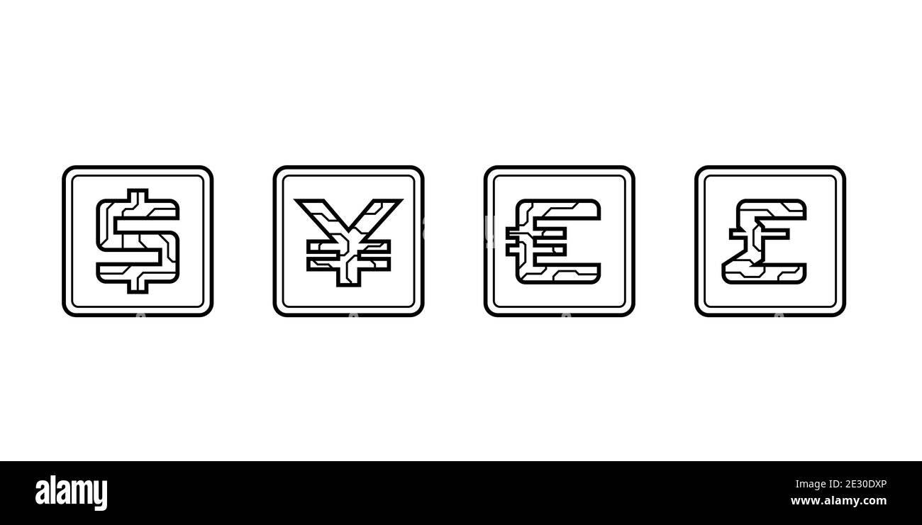 Set of Digital currency icons USA dollar, Yuan, Euro and pound sterling