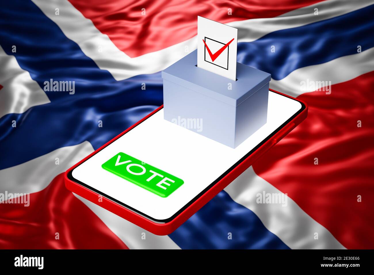 3d illustration of a voting box with a billboard standing on a smartphone, with the national flag of Norway in the background. Online voting concept, Stock Photo