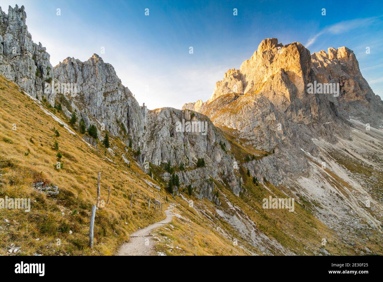 View of the Odle mountains during a sunrise from Forcella De Furcia. Funes Valley, Dolomites Alps, Trentino Alto Adige, Italy. Stock Photo