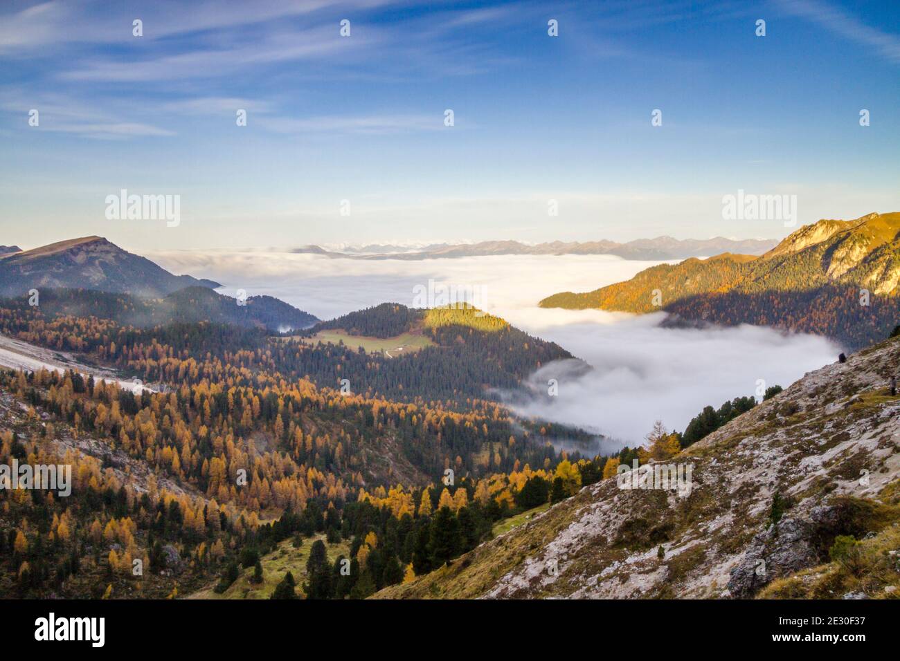 View of the panorama during a sunrise from Forcella De Furcia. Funes Valley, Dolomites Alps, Trentino Alto Adige, Italy. Stock Photo
