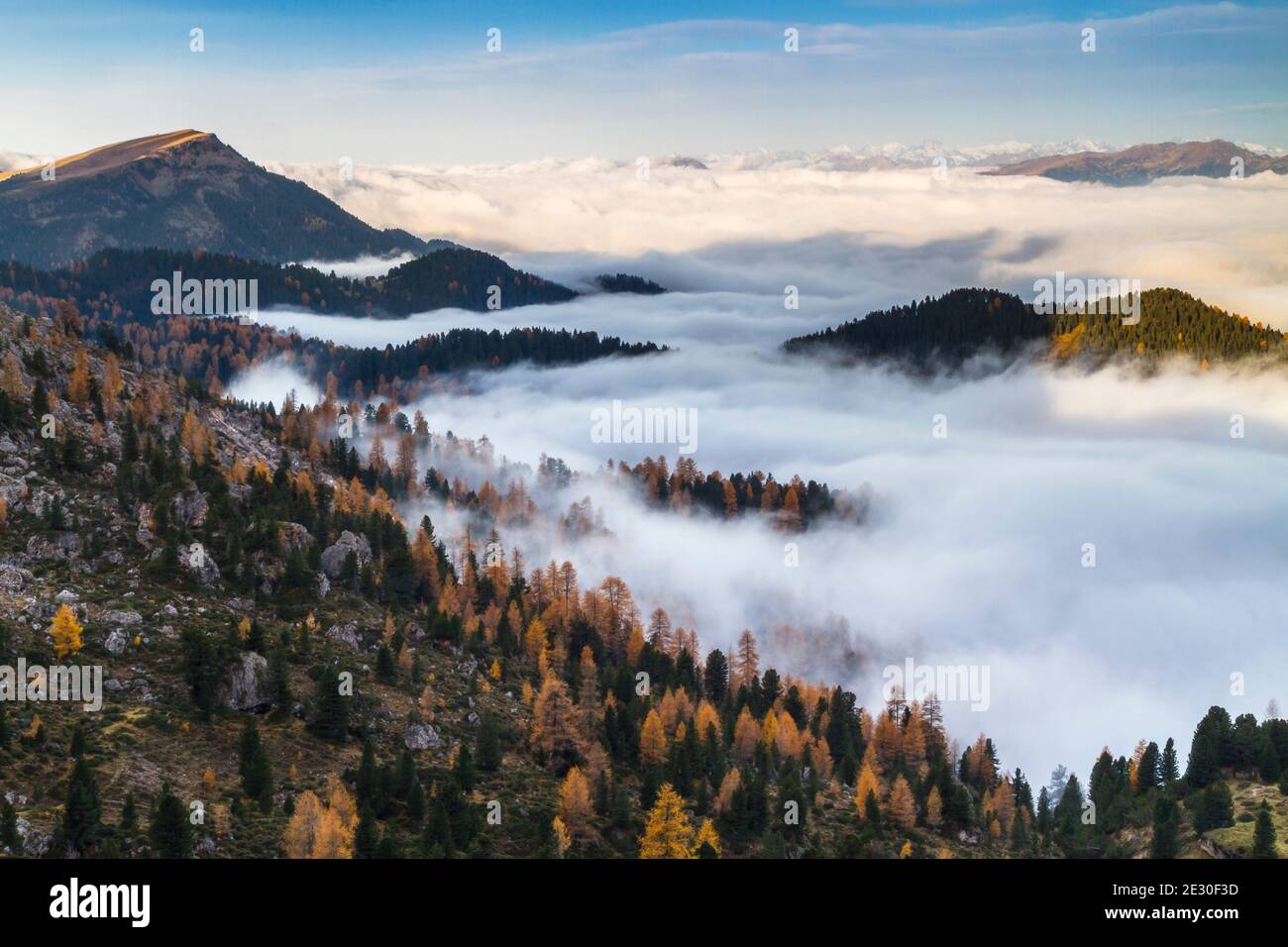 View of the panorama during a sunrise from Forcella De Furcia. Funes Valley, Dolomites Alps, Trentino Alto Adige, Italy. Stock Photo