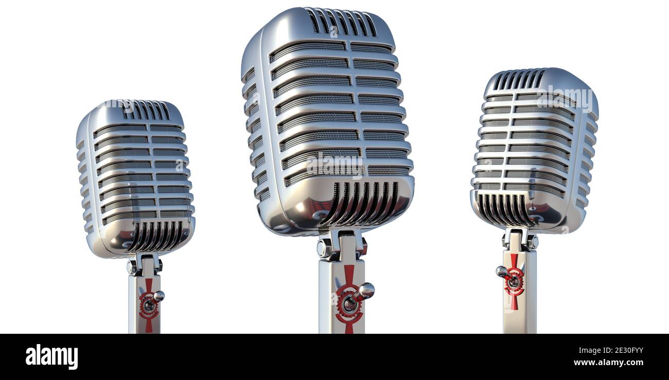 Microphones retro style, mic or mike. Three professional classic metal devices isolated cutout on white background. Backing vocalist, band or singers Stock Photo
