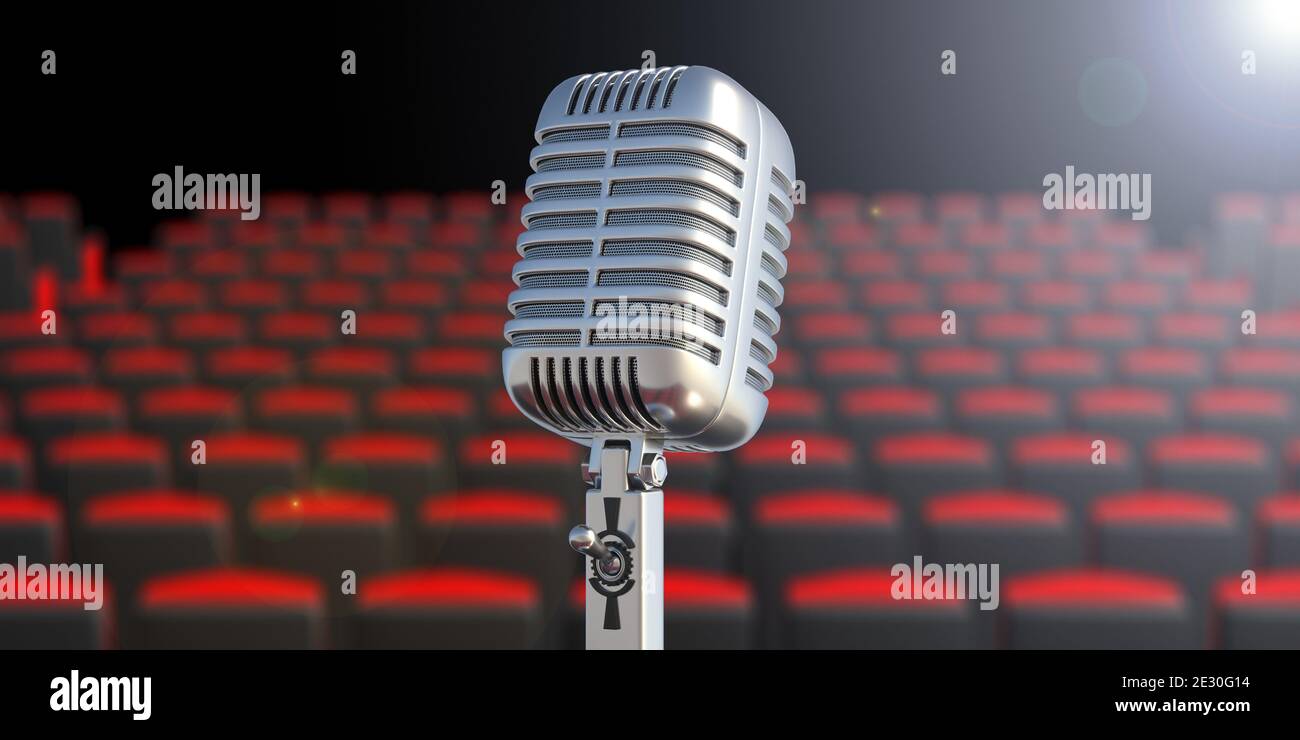 Retro microphone against blur theater seats background. Live show, opera, concert, speech, performance for audience. Audio through metal mic. 3d illus Stock Photo