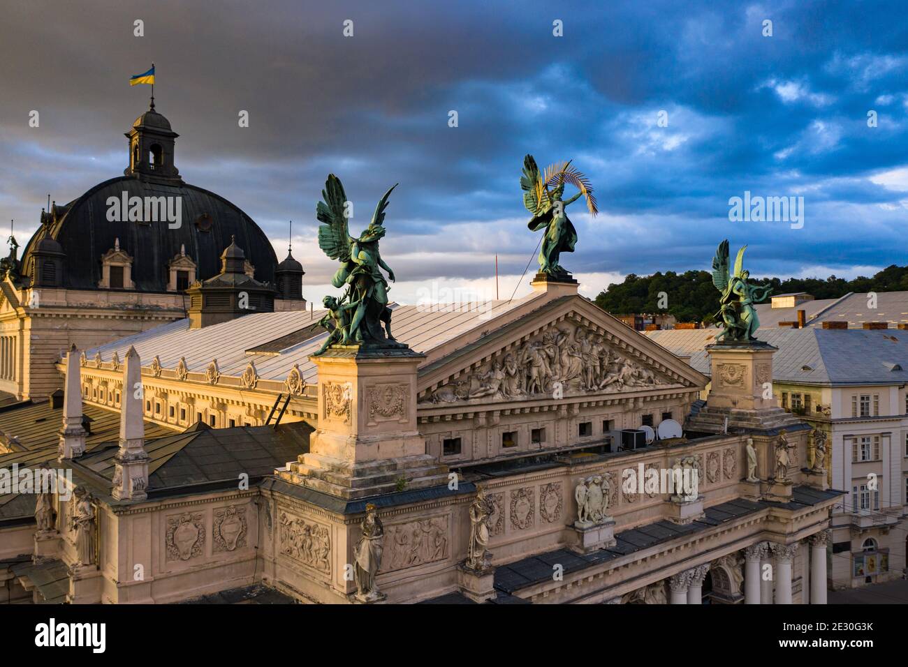 Lviv, Ukarine - August , 2020: Sculptures on Lviv opera house, Ukraine from drone Stock Photo