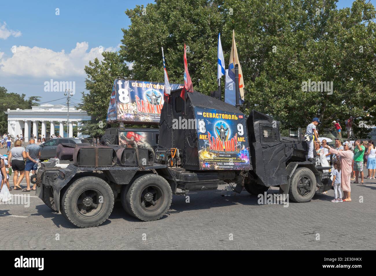 Sevastopol, Crimea, Russia - July 26, 2020: Biker car Mad Max on Nakhimov Square on Navy Day in the city of Sevastopol, Crimea Stock Photo