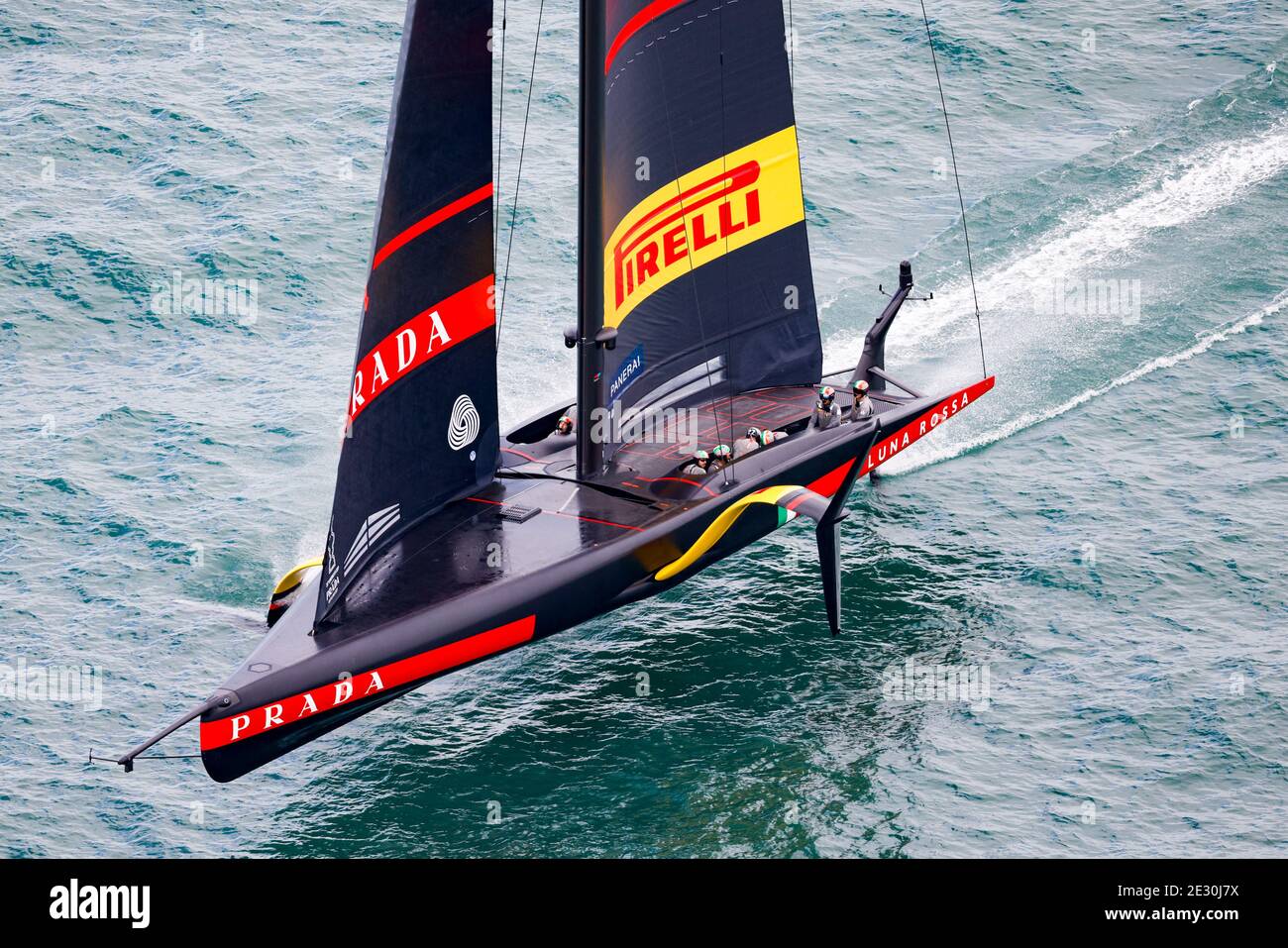 Auckland, New Zealand. 16th Jan 2021. Luna Rossa Prada Pirelli Team of Italy is seen during the second day's competition at the America's Cup challenger series in Auckland, New Zealand, on Jan. 16, 2021. (COR36/Studio Borlenghi/Handout via Xinhua) Credit: Xinhua/Alamy Live News Stock Photo