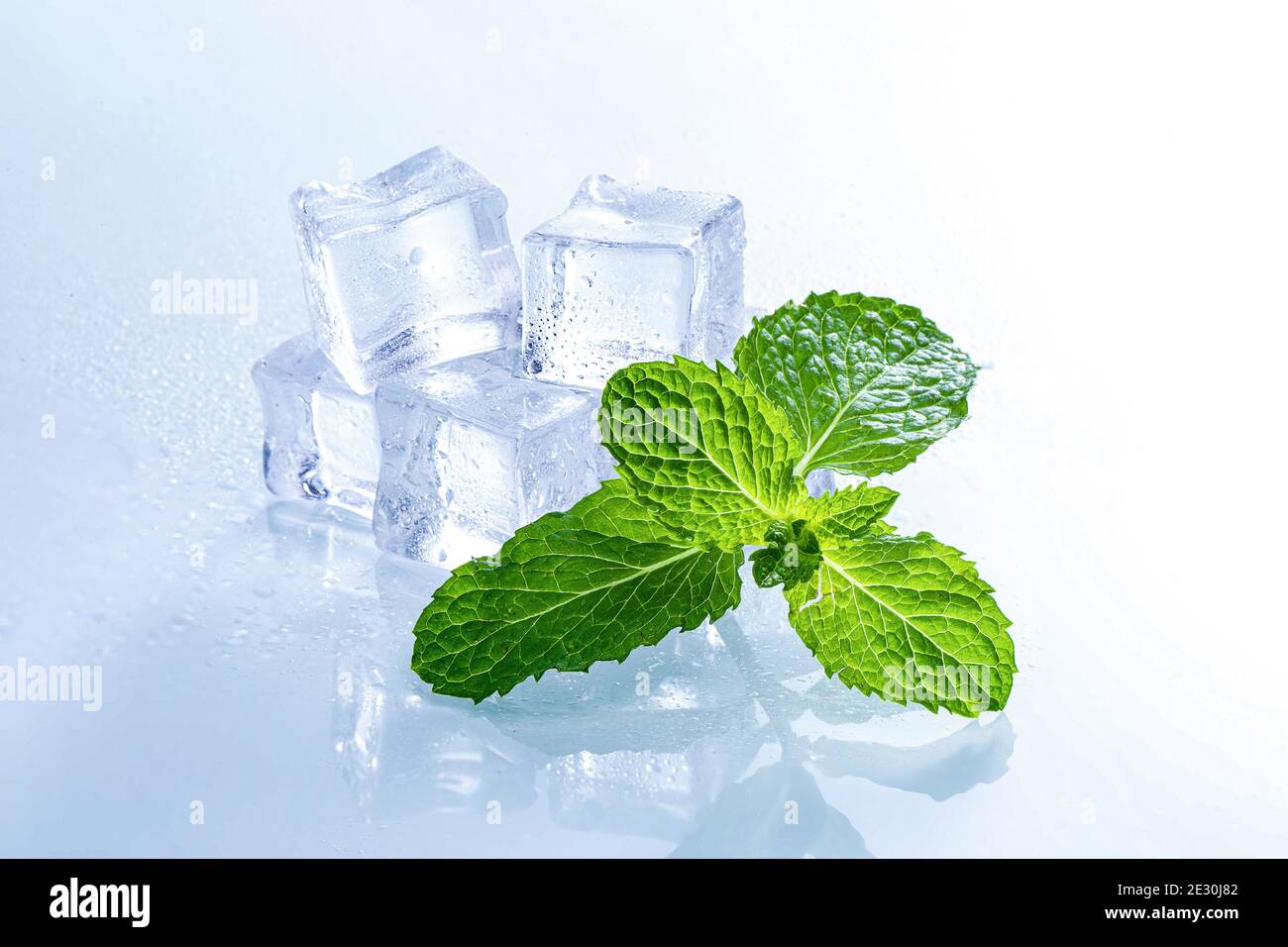 Selective focus shot of melting ice cubes and mint leaves on a wet ...
