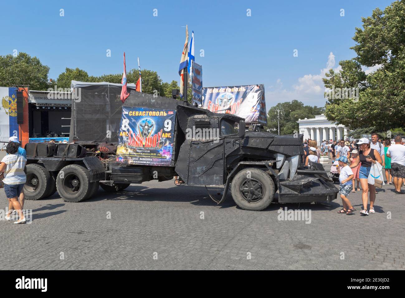 Sevastopol, Crimea, Russia - July 26, 2020: Mad Max car with advertising of the show Collapse of Babylon on Nakhimov Square on Navy Day in the city of Stock Photo