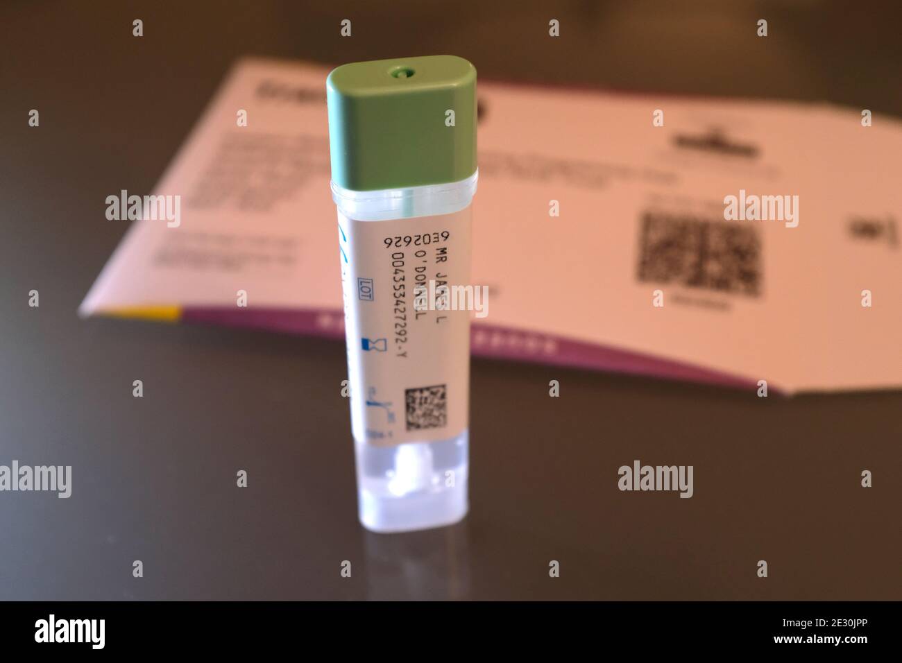 An NHS bowel cancer test kit, England Stock Photo
