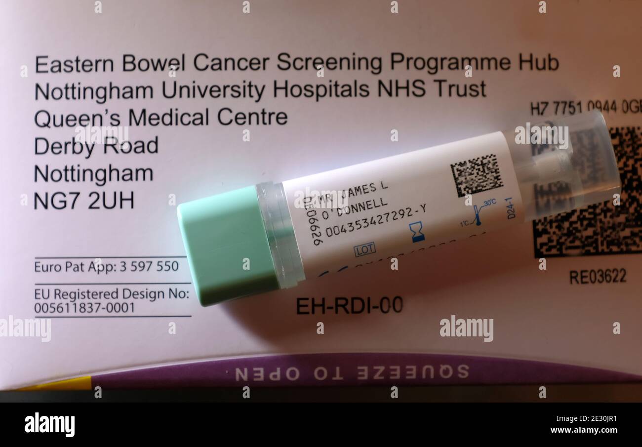 An NHS bowel cancer test kit, England Stock Photo