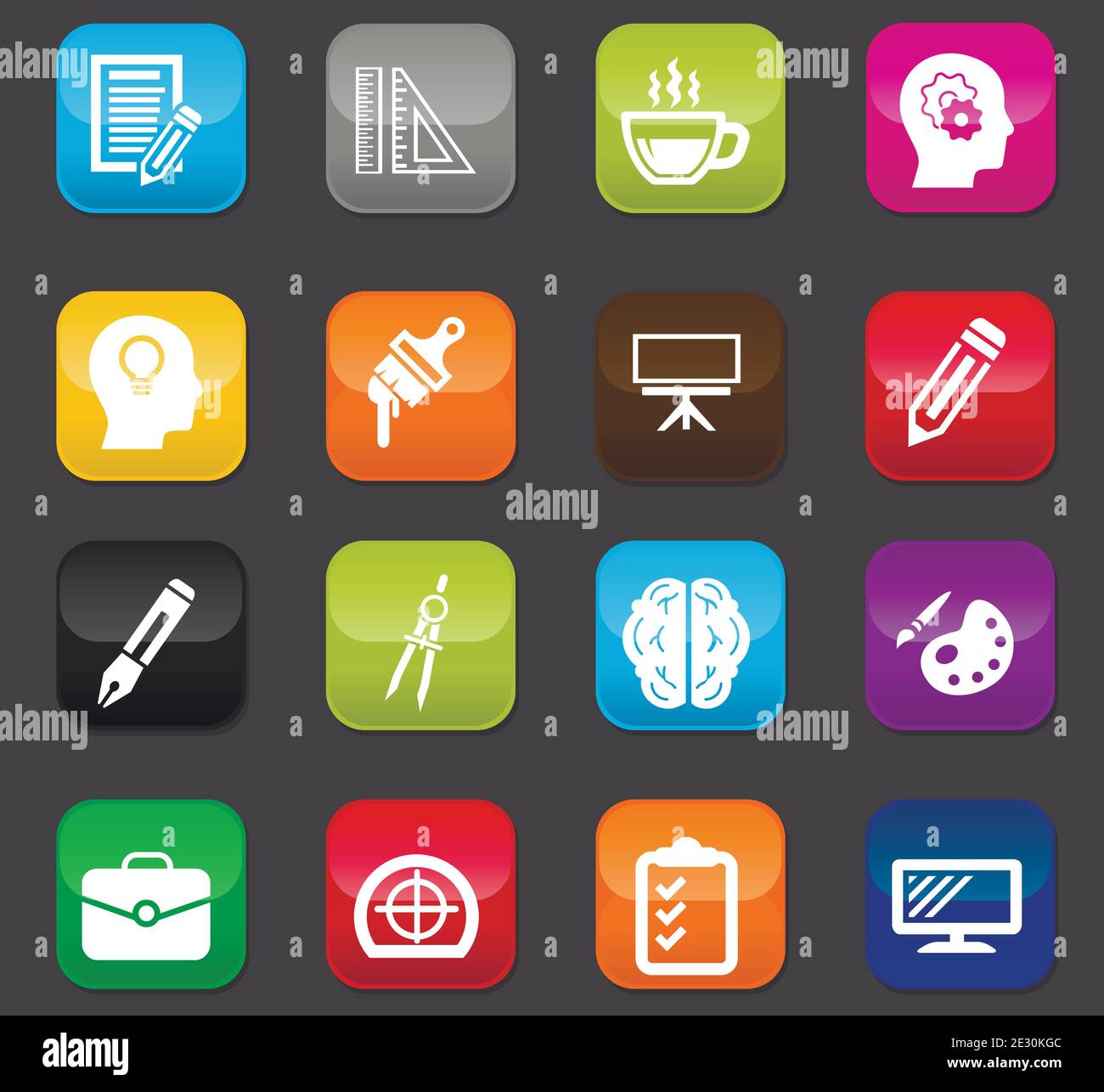 Creative process vector icons for user interface design. Colored buttons on a dark background Stock Vector