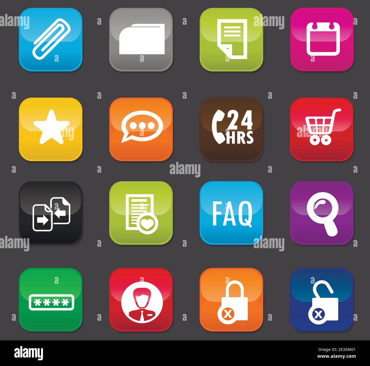 E-commerce interface icon set for web sites and user interface. Colored buttons on a dark background Stock Vector