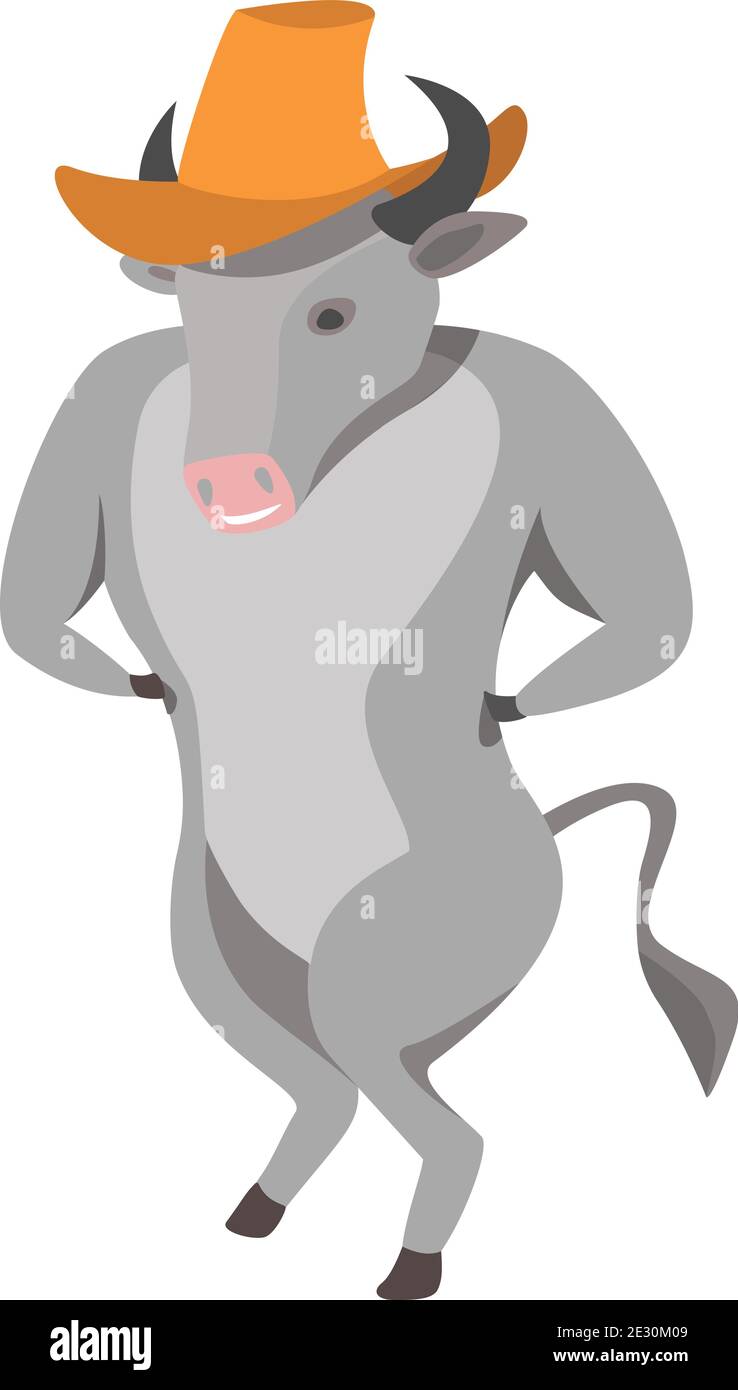 grey bull in cowboy's hat is standing Stock Vector