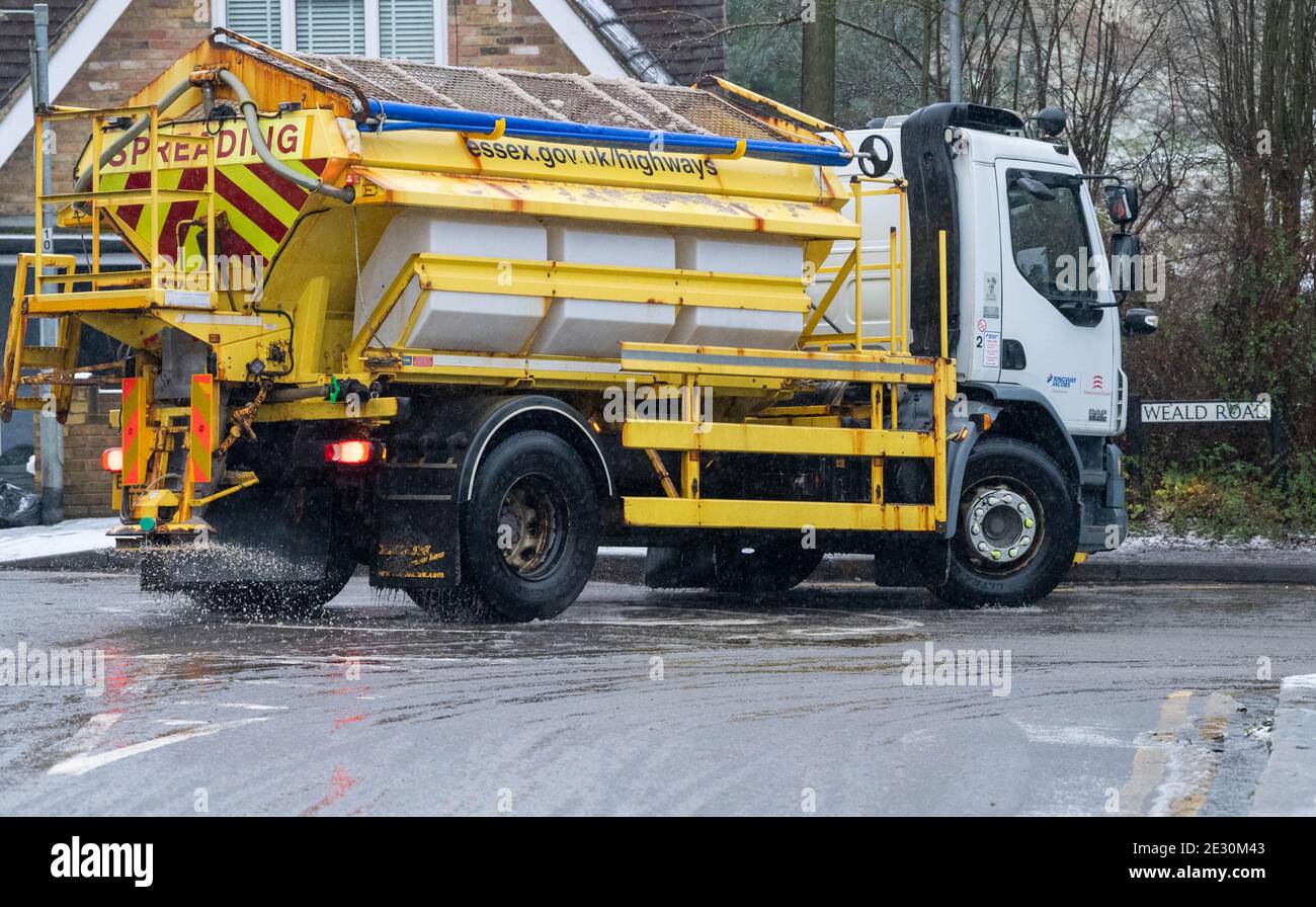 Brentwood Essex 16th January 2021 WEATHER Light snow in Brentwood Essex UK Gritting roads, gritter from Essex County Council Credit: Ian Davidson/Alamy Live News Stock Photo