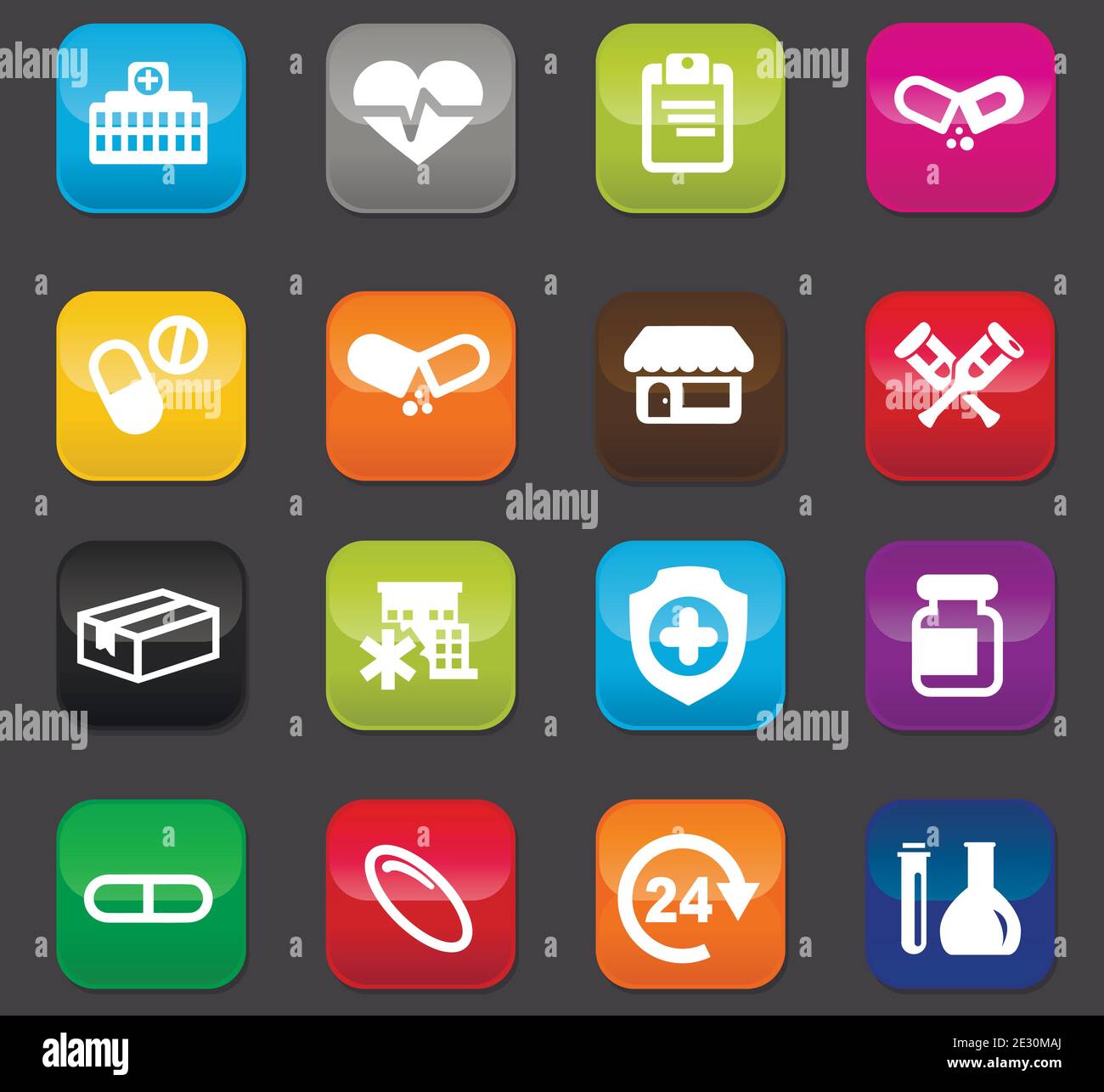 Drug store vector icons for user interface design. Colored buttons on a dark background Stock Vector