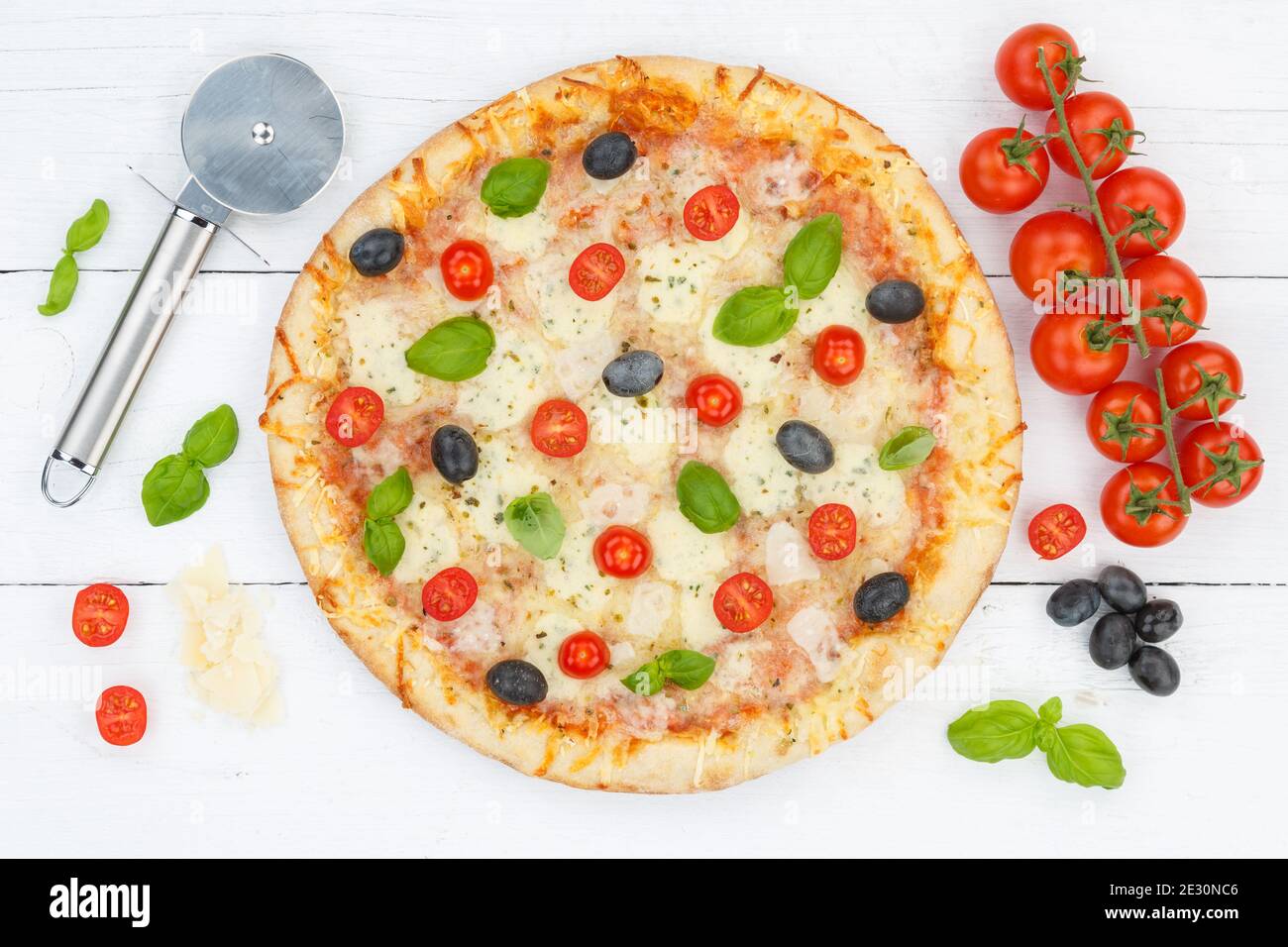 Pizza Margarita Margherita From Above Baking Ingredients On Wooden Board Wood Stock Photo Alamy