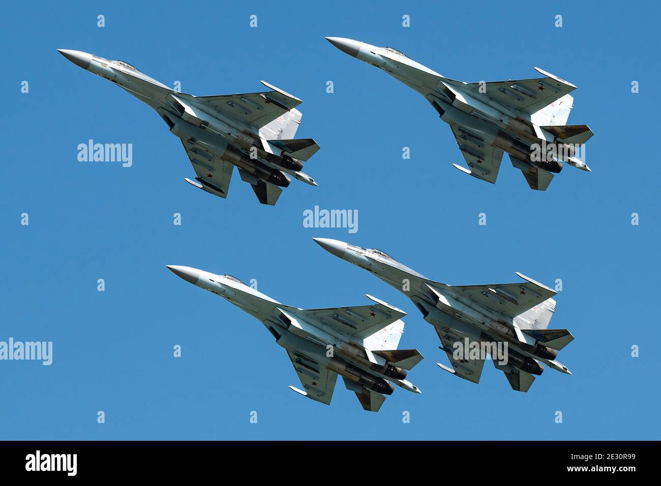 Moscow Russia Zhukovsky Airfield 31 August 2019: aerobatic Su-35 perfoming demonstration flight of the international aerospace salon MAKS-2019. Stock Photo