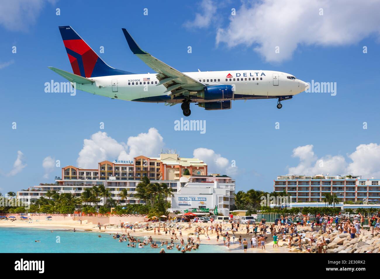 Sint Maarten, Netherlands Antilles - September 15, 2016: Delta Air Lines Boeing 737-700 airplane at Sint Maarten Airport (SXM) in the Caribbean. Stock Photo