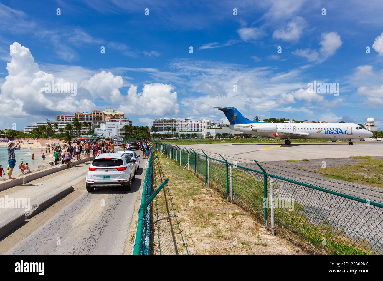 Sint Maarten, Netherlands Antilles - September 17, 2016: Insel Air Fokker 70 airplane at Sint Maarten Airport (SXM) in the Caribbean. Stock Photo
