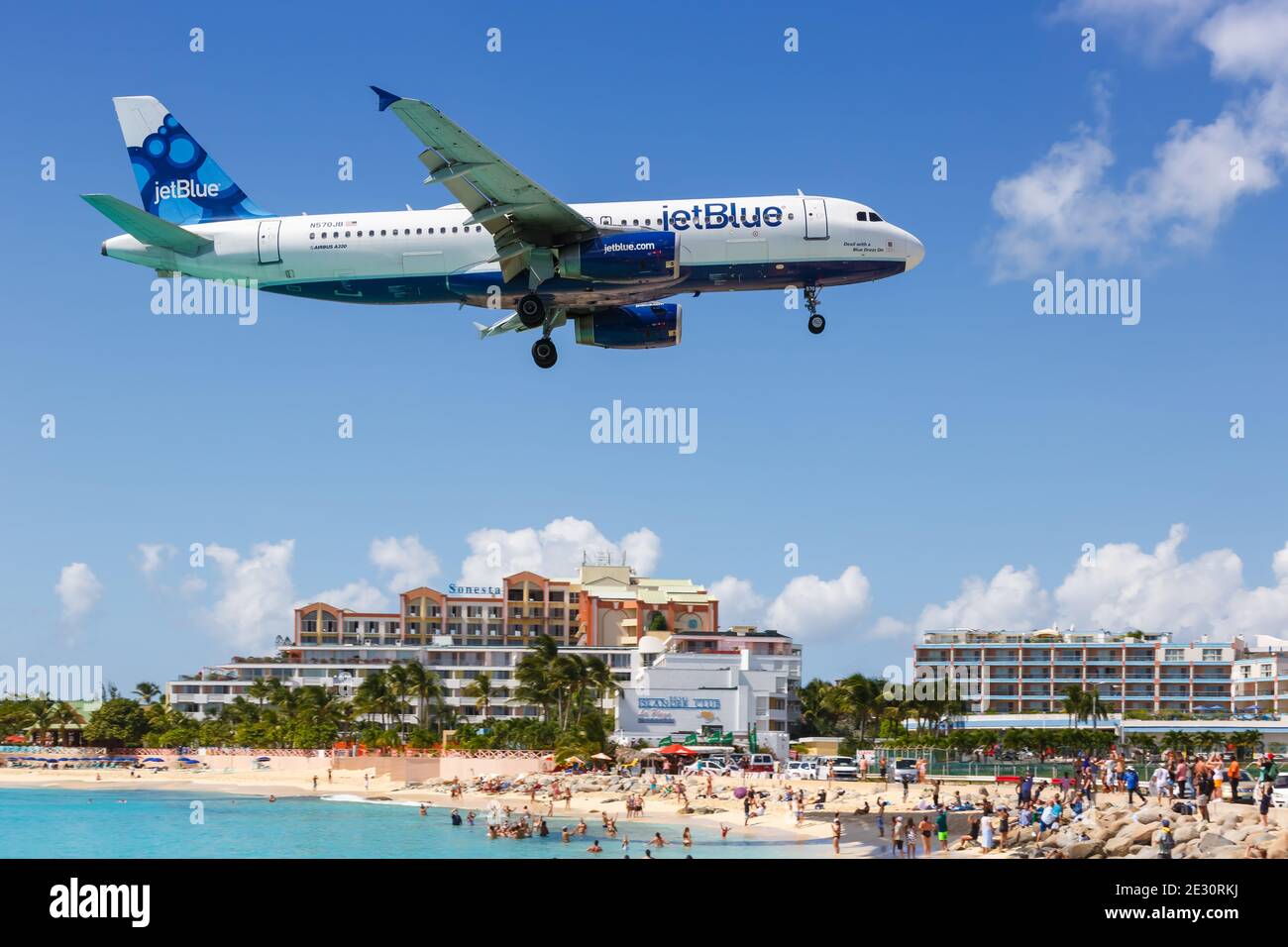Sint Maarten, Netherlands Antilles - September 15, 2016: JetBlue Airbus A320 airplane at Sint Maarten Airport (SXM) in the Caribbean. Stock Photo