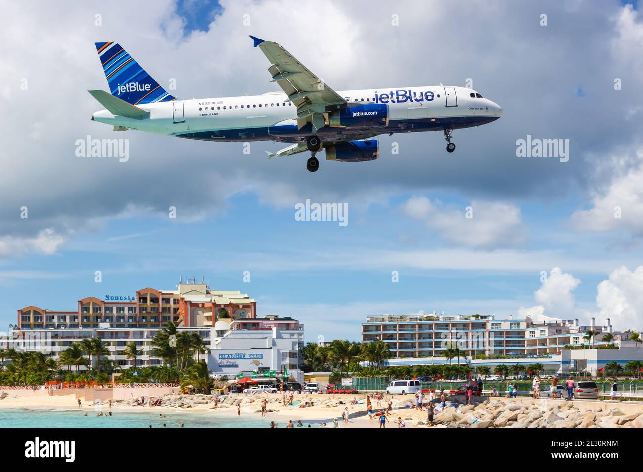 Sint Maarten, Netherlands Antilles - September 18, 2016: JetBlue Airbus A320 airplane at Sint Maarten Airport (SXM) in the Caribbean. Stock Photo