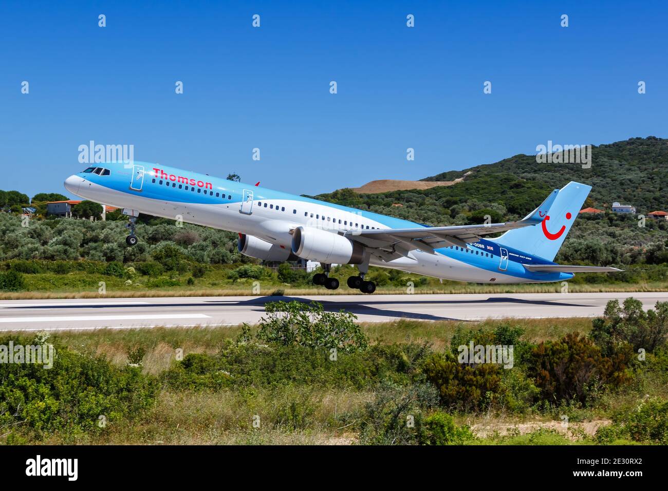 Skiathos, Greece - June 3, 2016: Thomson Airways Boeing 757-200 airplane at Skiathos Airport (JSI) in Greece. Boeing is an American aircraft manufactu Stock Photo