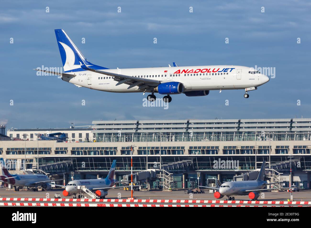 Stuttgart, Germany - December 19, 2020: AnadoluJet Boeing 737-800 airplane at Stuttgart Airport (STR) in Germany. Boeing is an American aircraft manuf Stock Photo