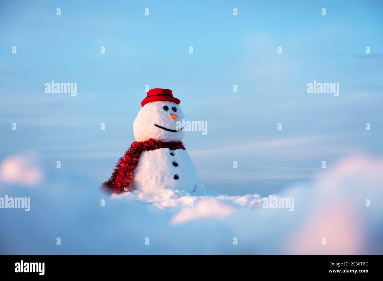 Funny snowman in stylish red hat and red scalf on snowy field. Merry Christmass and happy New Year Stock Photo