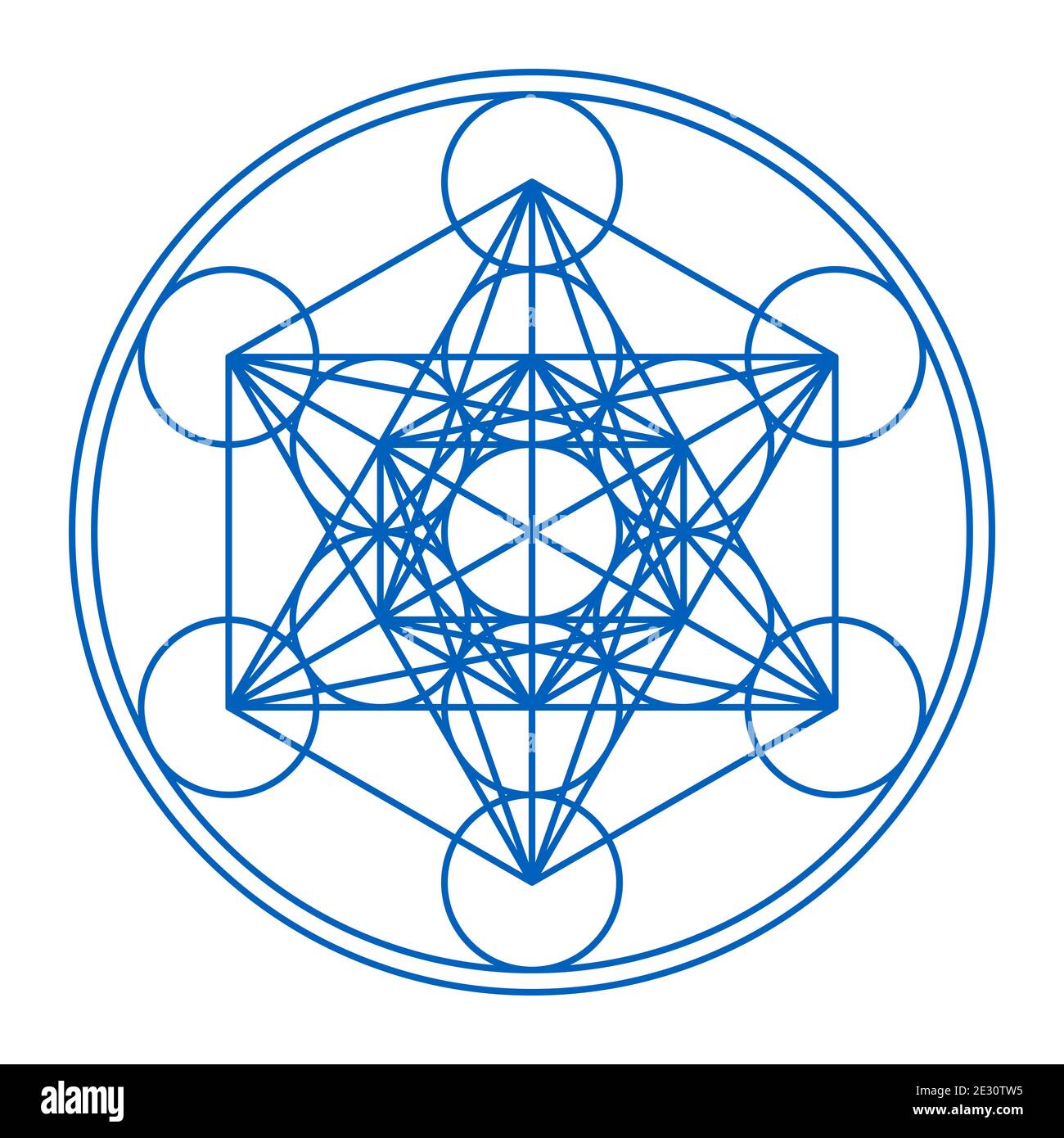 Metatrons Cube framed in two circles. Mystical symbol, derived from the Flower of Life. Thirteen circles are connected with straight lines. Stock Photo