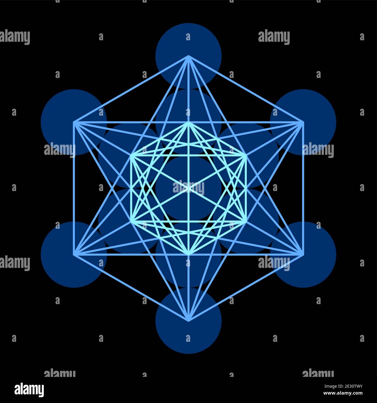 Metatrons Cube. Composition of a mystical symbol, derived from the Flower of Life. 13 circles, connected with straight lines. Sacred Geometry. Stock Photo