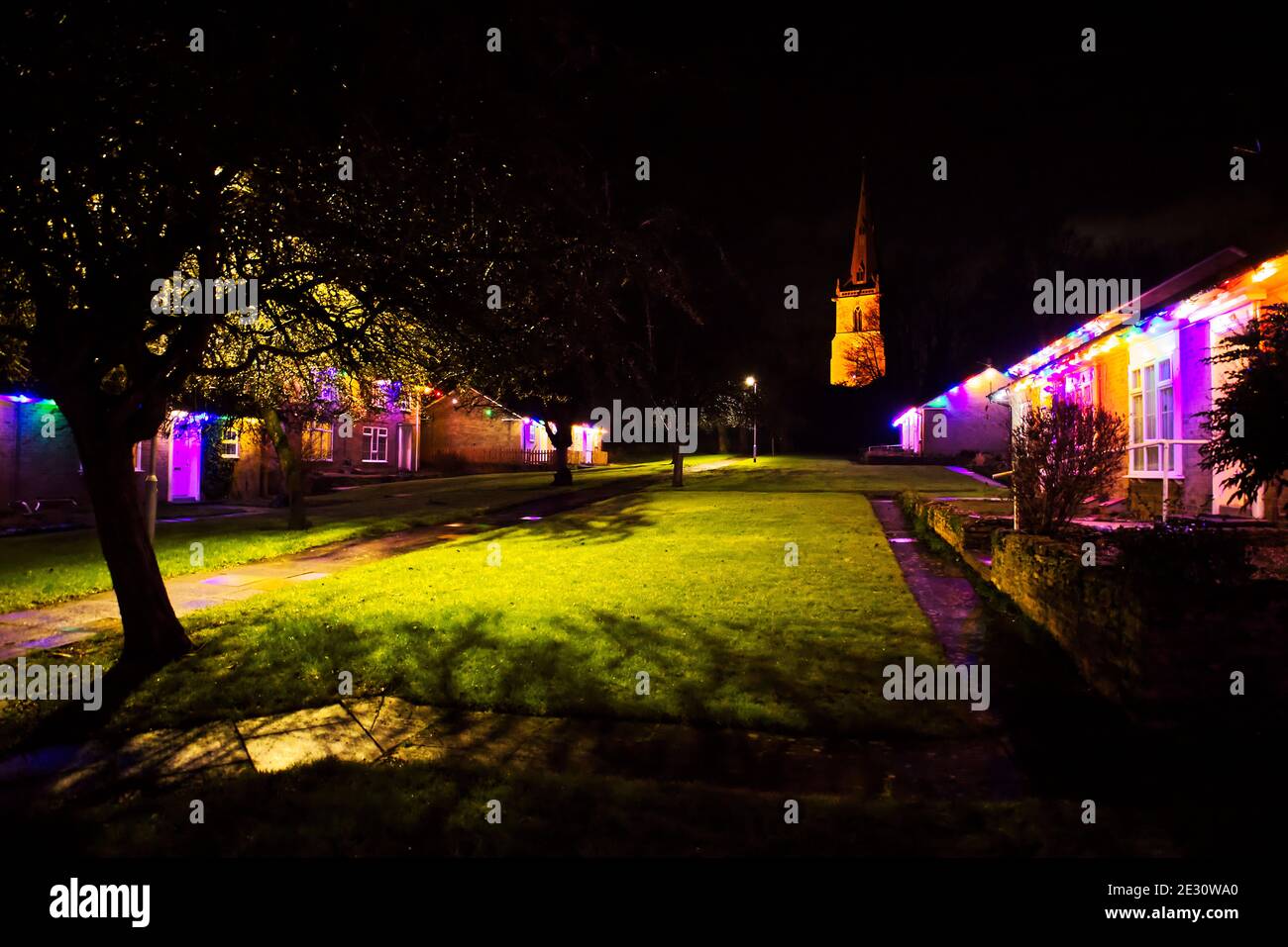 Christmas decorations in a Bedfordshire village coloured lights on