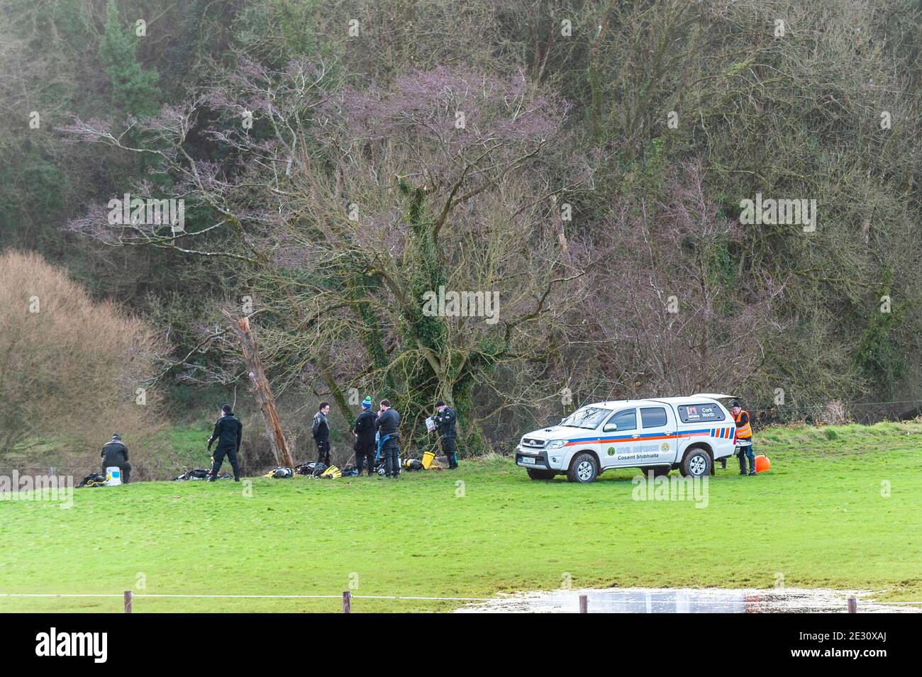 Fermoy, County Cork, Ireland. 16th Jan, 2021. A search for missing Fermoy woman, 67 year old Catherine Reidy, is currently taking place on and around the River Blackwater, just outside Fermoy today. The search began on Wednesday evening and has continued every day since. Agencies involved in the search include An Garda Siochana, Civil Defence, West Cork Underwater Search and Rescue, Blackwater Search and Recovery, Cork City Missing Persons Search and Recovery, Mallow Search and Rescue and the local community. Credit: AG News/Alamy Live News Stock Photo