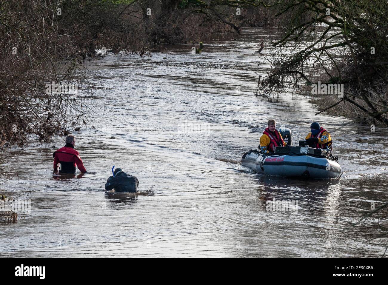 Fermoy, County Cork, Ireland. 16th Jan, 2021. A search for missing Fermoy woman, 67 year old Catherine Reidy, is currently taking place on and around the River Blackwater, just outside Fermoy today. The search began on Wednesday evening and has continued every day since. Agencies involved in the search include An Garda Siochana, Civil Defence, West Cork Underwater Search and Rescue, Blackwater Search and Recovery, Cork City Missing Persons Search and Recovery, Mallow Search and Rescue and the local community. Credit: AG News/Alamy Live News Stock Photo