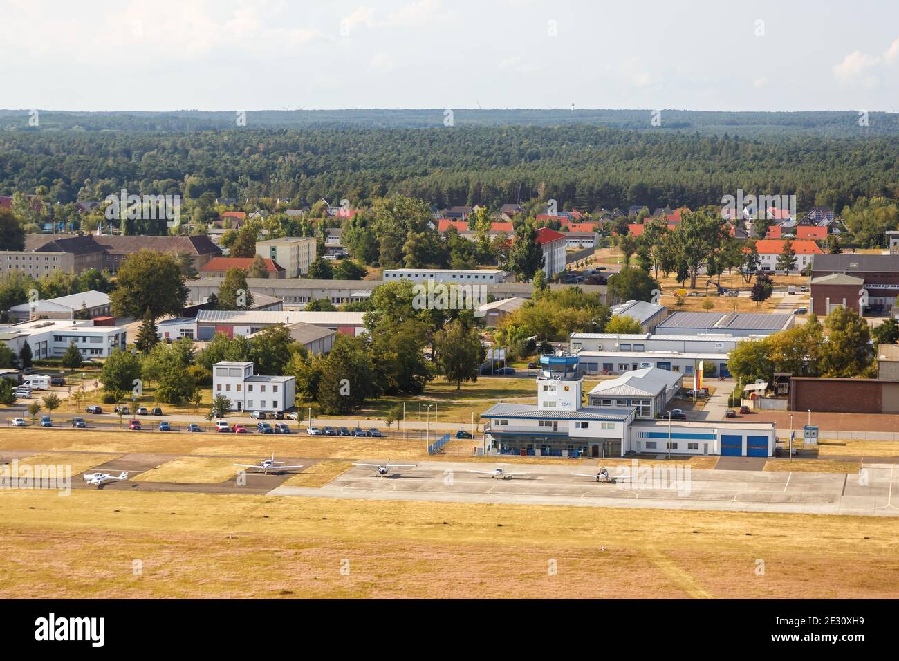 Strausberg, Germany - August 19, 2020: Strausberg Airport Terminal and Tower aerial view in Germany. Stock Photo