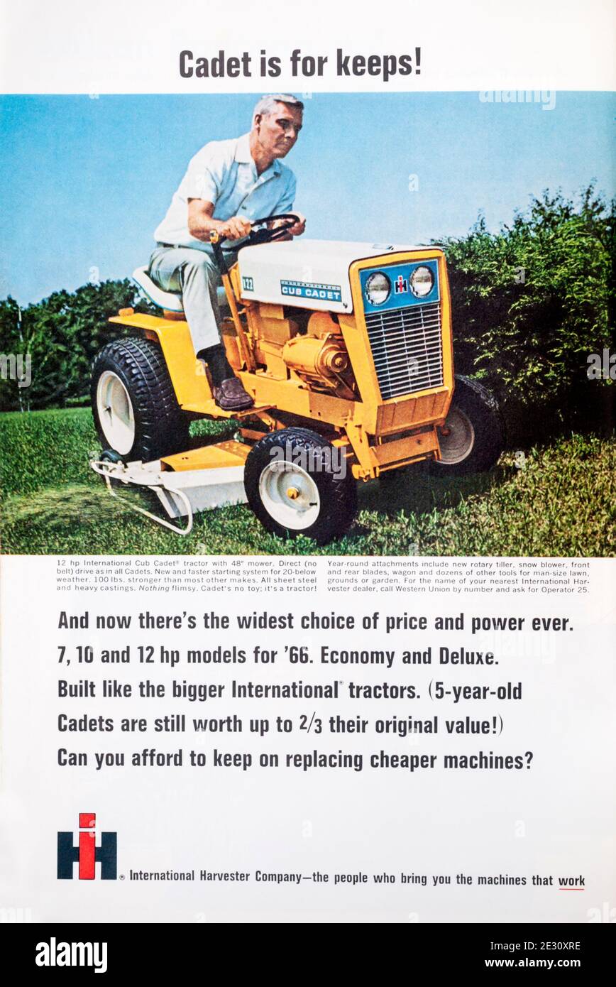 1966 magazine advert for cadet sit-on mowers from International Harvester. Stock Photo