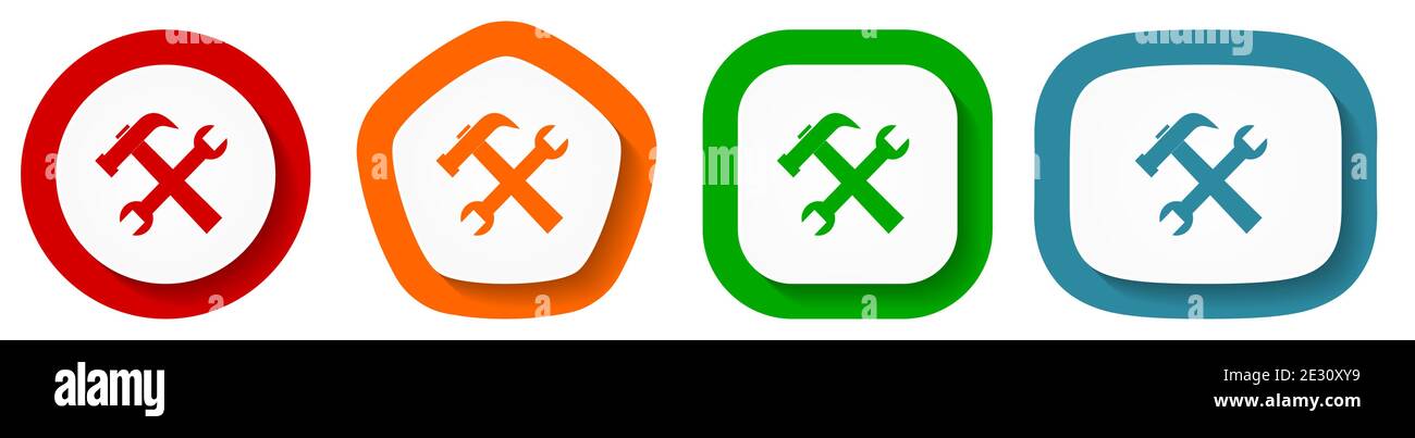 Tools, service vector icon set, flat design buttons on white background Stock Vector
