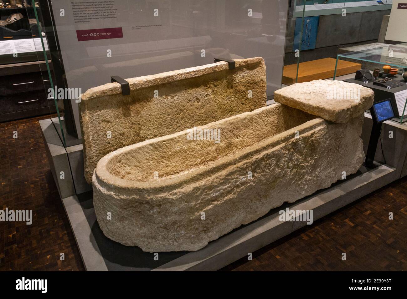 The Amesbury Sarcophagus, a Roman 3rd century AD duncovered near Boscombe Down, The Salisbury Museum, Salisbury, Wiltshire, UK. Stock Photo